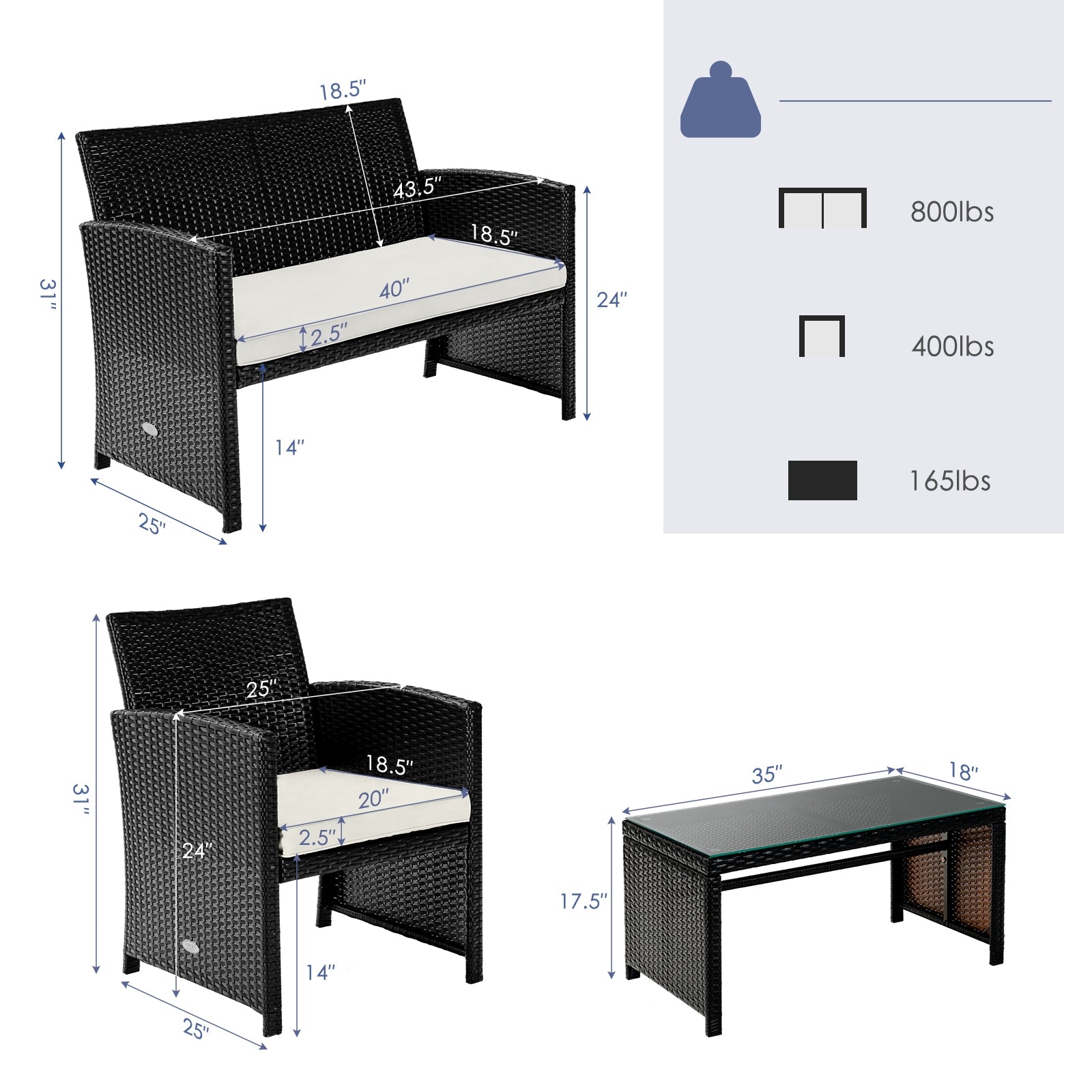 Dimensions of 4-Piece Weather-Resistant Rattan Patio Seating Set with Cushions & Glass Coffee Table, highlighting the loveseat and chairs with weight capacity details.