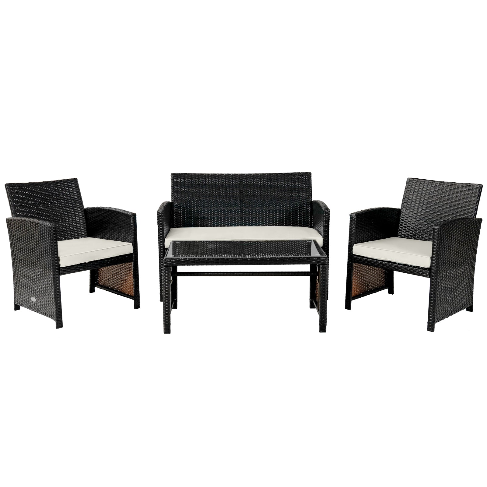 4-Piece Weather-Resistant Rattan Patio Seating Set with Cushions & Glass Coffee Table featuring the complete set including the loveseat and armchairs, on a white background, highlighting its sleek design.