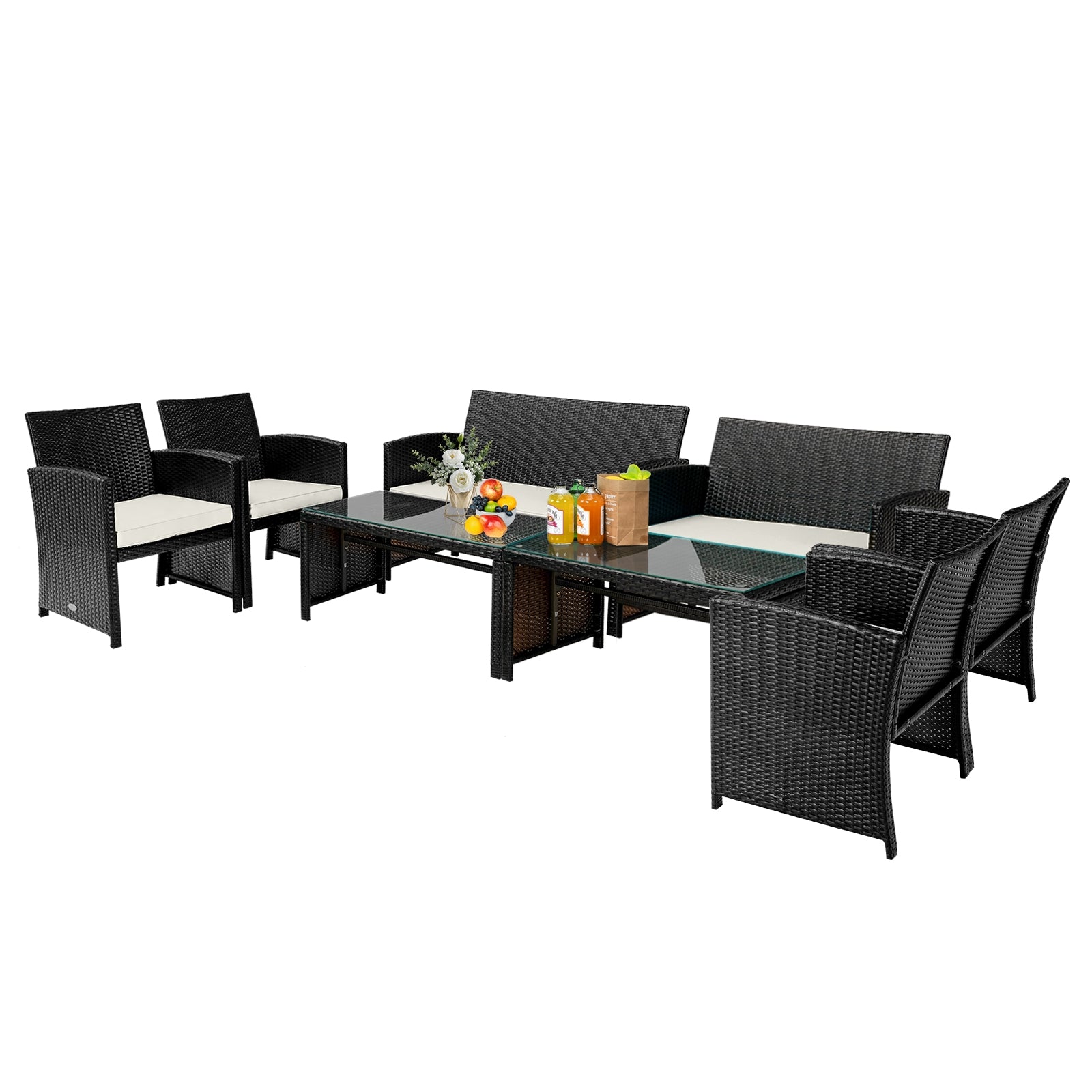 Expanded view of the 4-Piece Weather-Resistant Rattan Patio Seating Set showcasing additional seating options, perfect for gatherings.