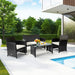Stylish 4-Piece Weather-Resistant Rattan Patio Seating Set positioned outdoors with a pool view, featuring stylish black rattan and white cushions.