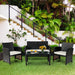 Vibrant setup of the 4-Piece Weather-Resistant Rattan Patio Seating Set surrounded by lush greenery, adding charm to any outdoor space.