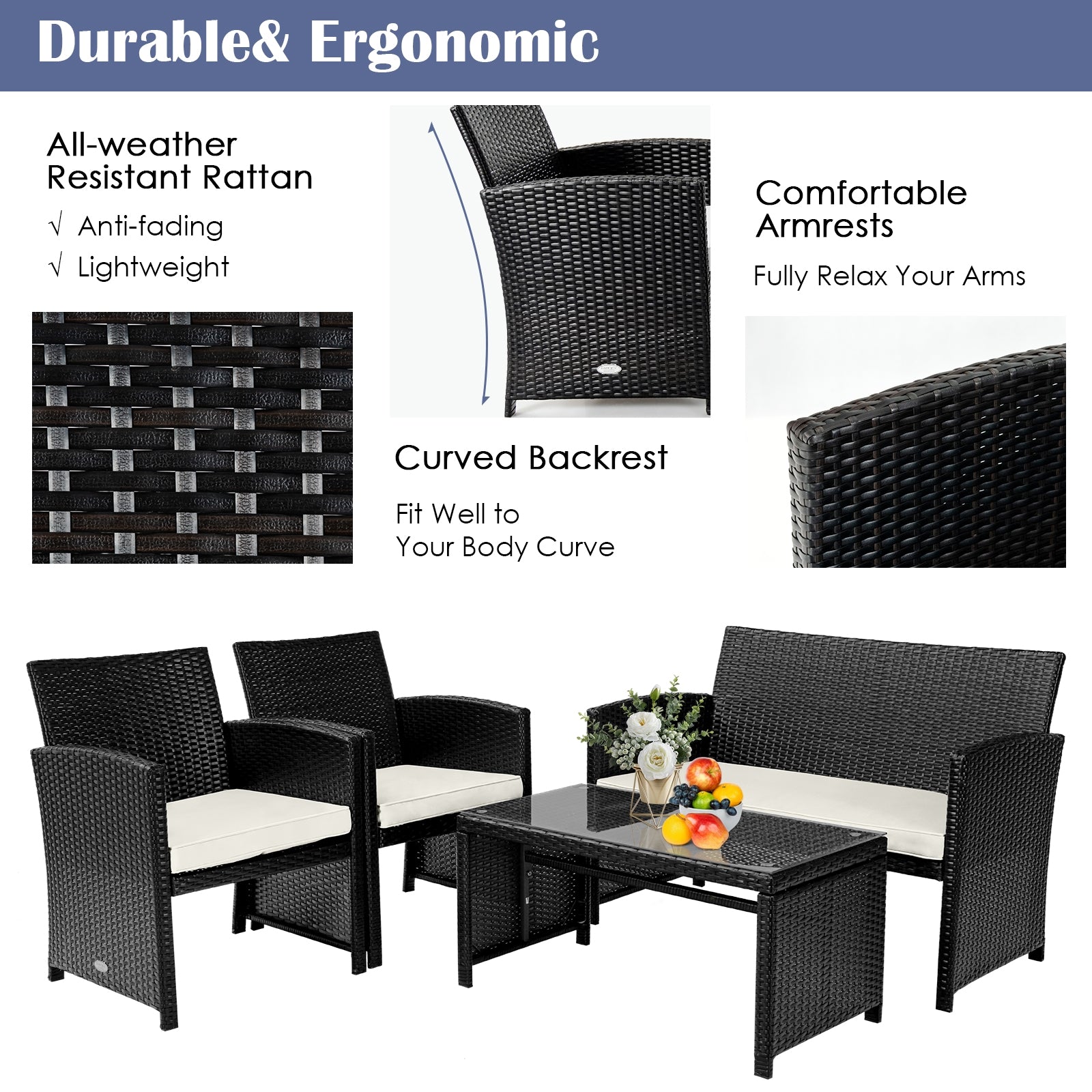 Durable and ergonomic design features of the 4-Piece Weather-Resistant Rattan Patio Seating Set, including comfortable armrests and curved backrest.