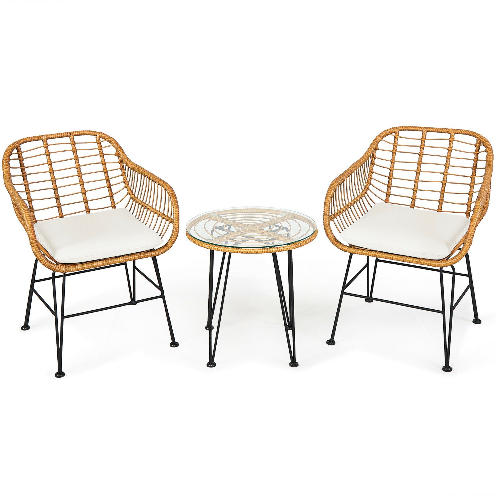 Chic 3-Piece White Rattan Furniture Set showcasing comfortable cushioned chairs and a glass tabletop for relaxing outdoors.