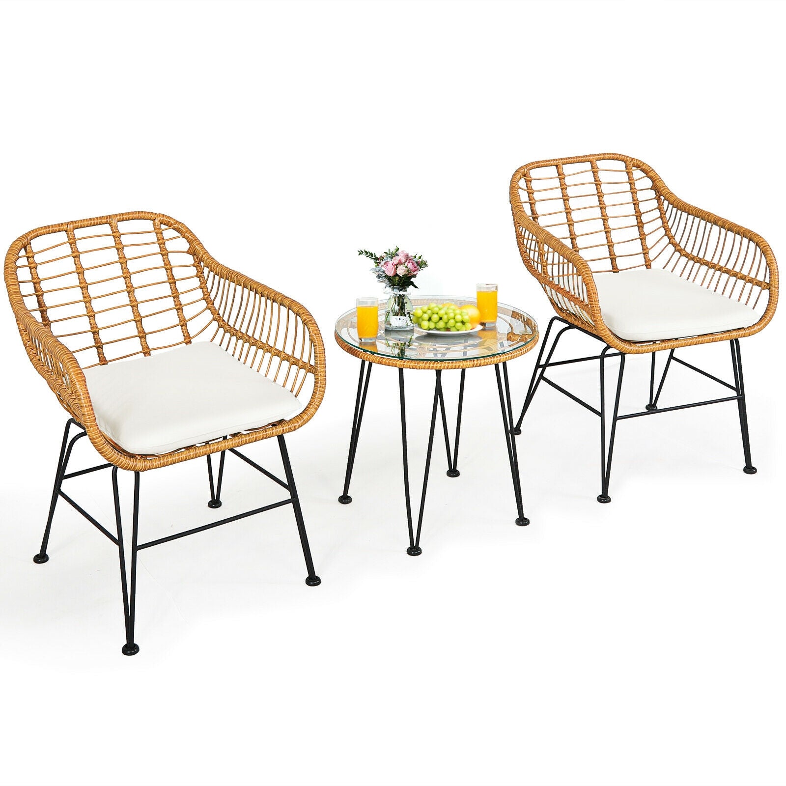 Elegant 3-Piece White Rattan Furniture Set with padded chairs and a sleek glass top table, ideal for outdoor gatherings.