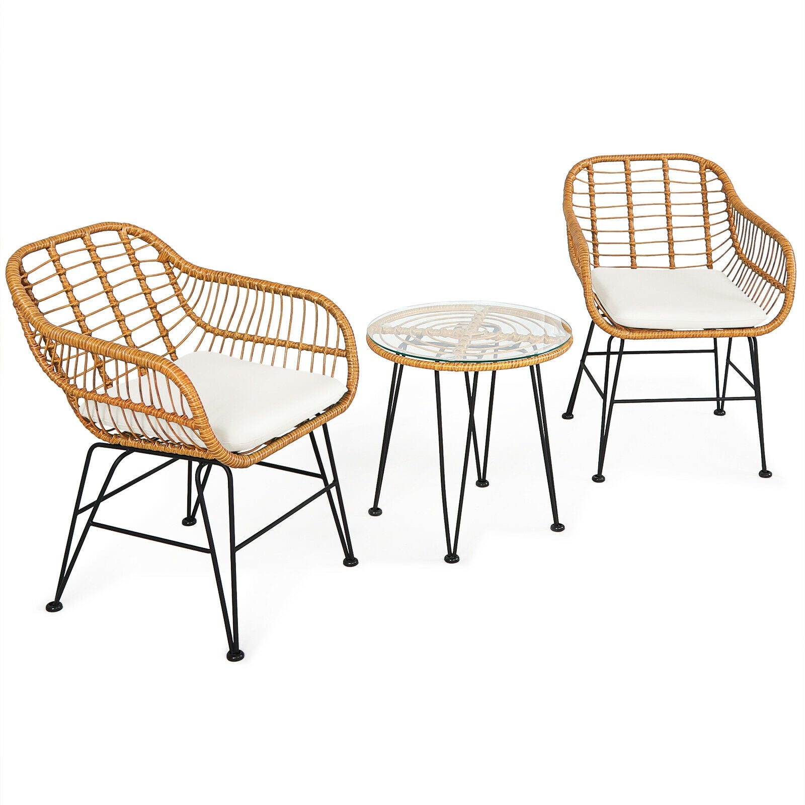 Stylish 3-Piece White Rattan Furniture Set with two cushioned chairs and a modern glass top table for outdoor enjoyment.