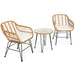 Stylish 3-Piece White Rattan Furniture Set with two cushioned chairs and a modern glass top table for outdoor enjoyment.