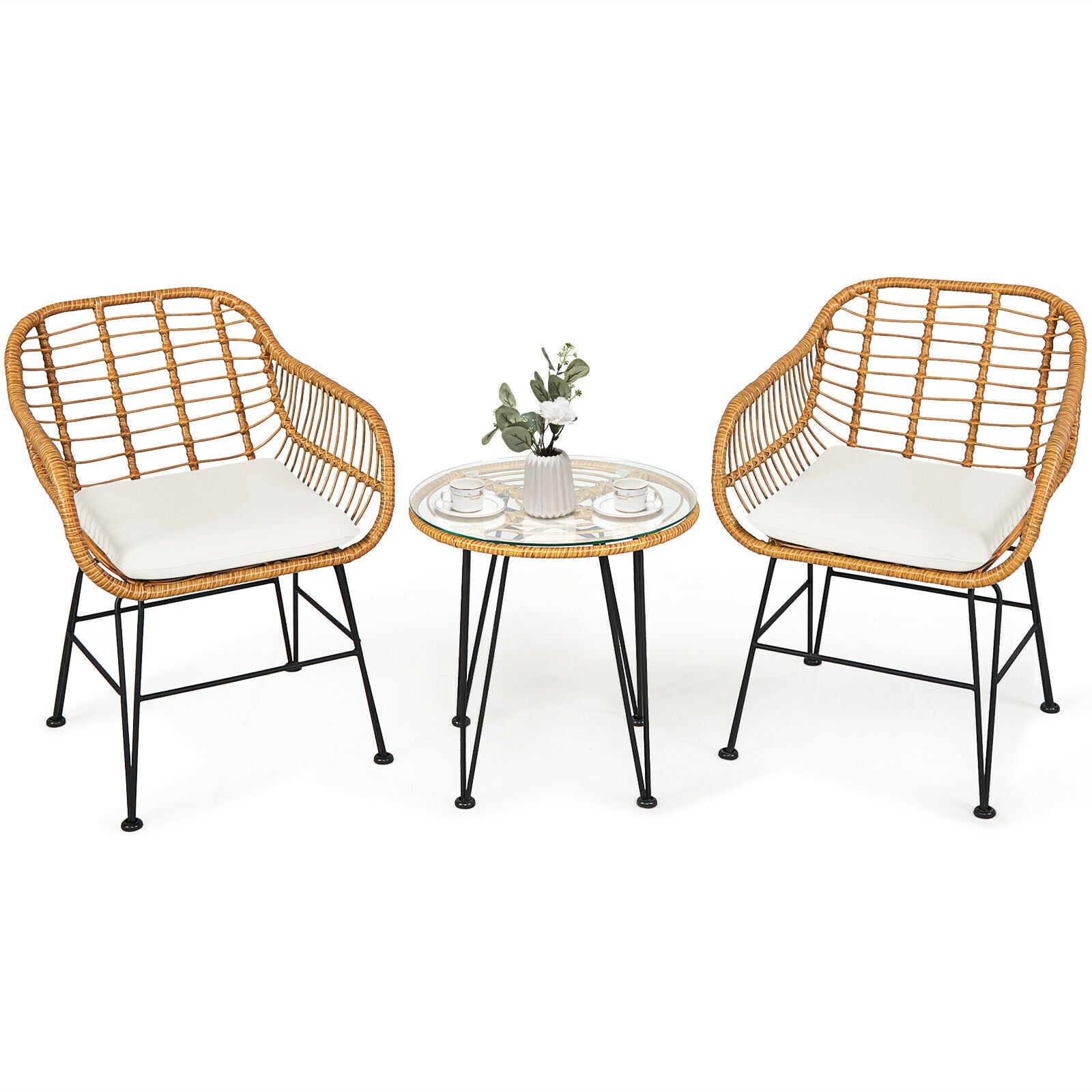 3-Piece White Rattan Furniture Set featuring cushioned chairs and a glass top table, perfect for outdoor relaxation.