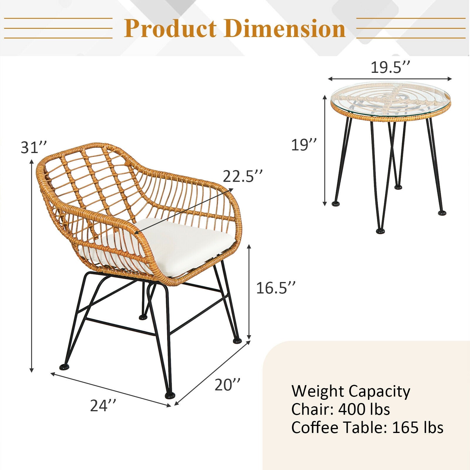 Detailed dimensions of the 3-Piece White Rattan Furniture Set featuring cushioned chairs and a stylish glass top table for outdoor use.