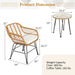 Detailed dimensions of the 3-Piece White Rattan Furniture Set featuring cushioned chairs and a stylish glass top table for outdoor use.