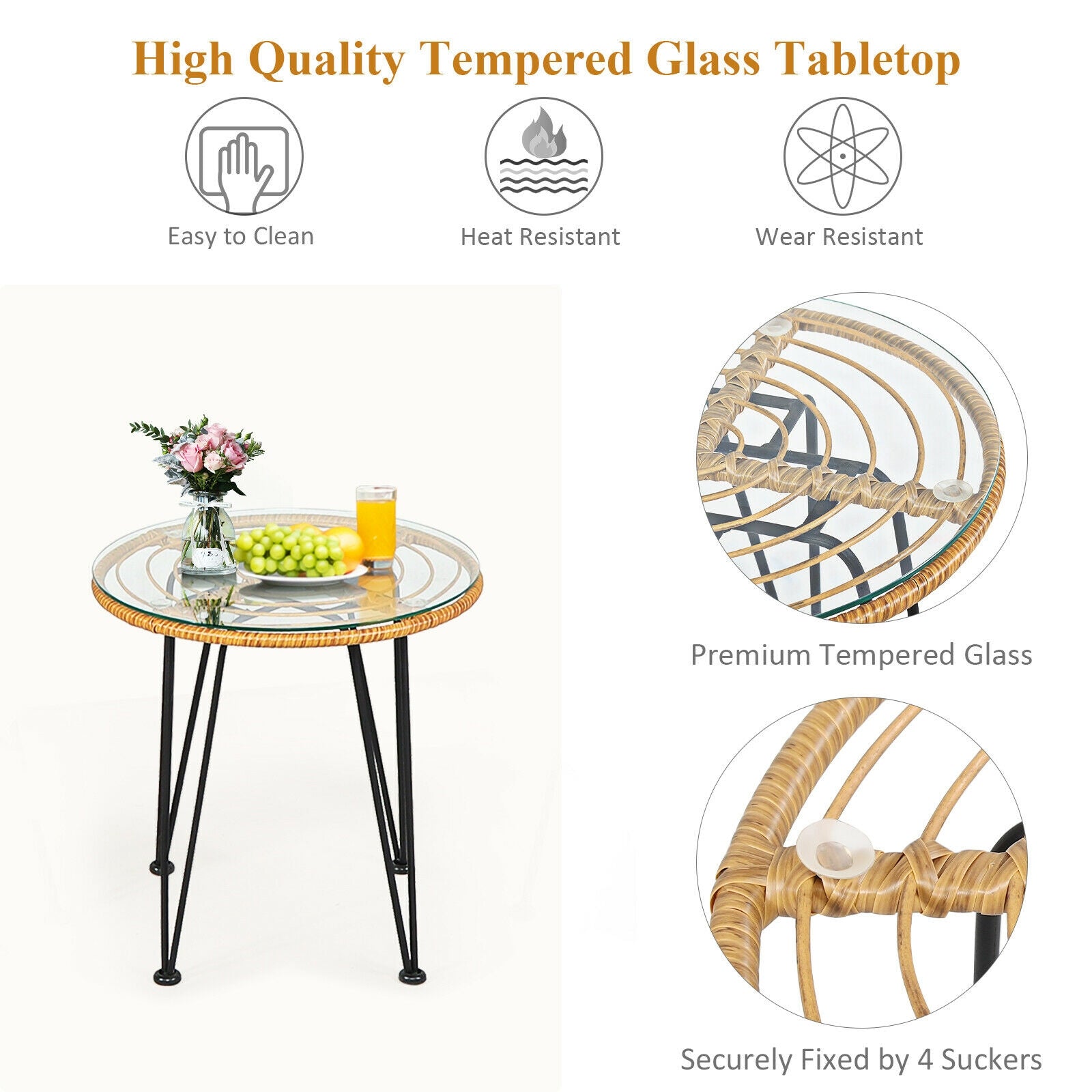 High quality tempered glass tabletop from a 3-Piece White Rattan Furniture Set with Cushioned Chairs and Glass Top Table for Outdoor Relaxation, showcasing easy to clean, heat resistant, and wear resistant features.