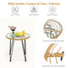 High quality tempered glass tabletop from a 3-Piece White Rattan Furniture Set with Cushioned Chairs and Glass Top Table for Outdoor Relaxation, showcasing easy to clean, heat resistant, and wear resistant features.