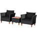 3-Piece Black Rattan Patio Furniture Set with Plush Cushions & Rustic Wood Coffee Table, featuring two stylish armchairs and a cozy table for outdoor relaxation.