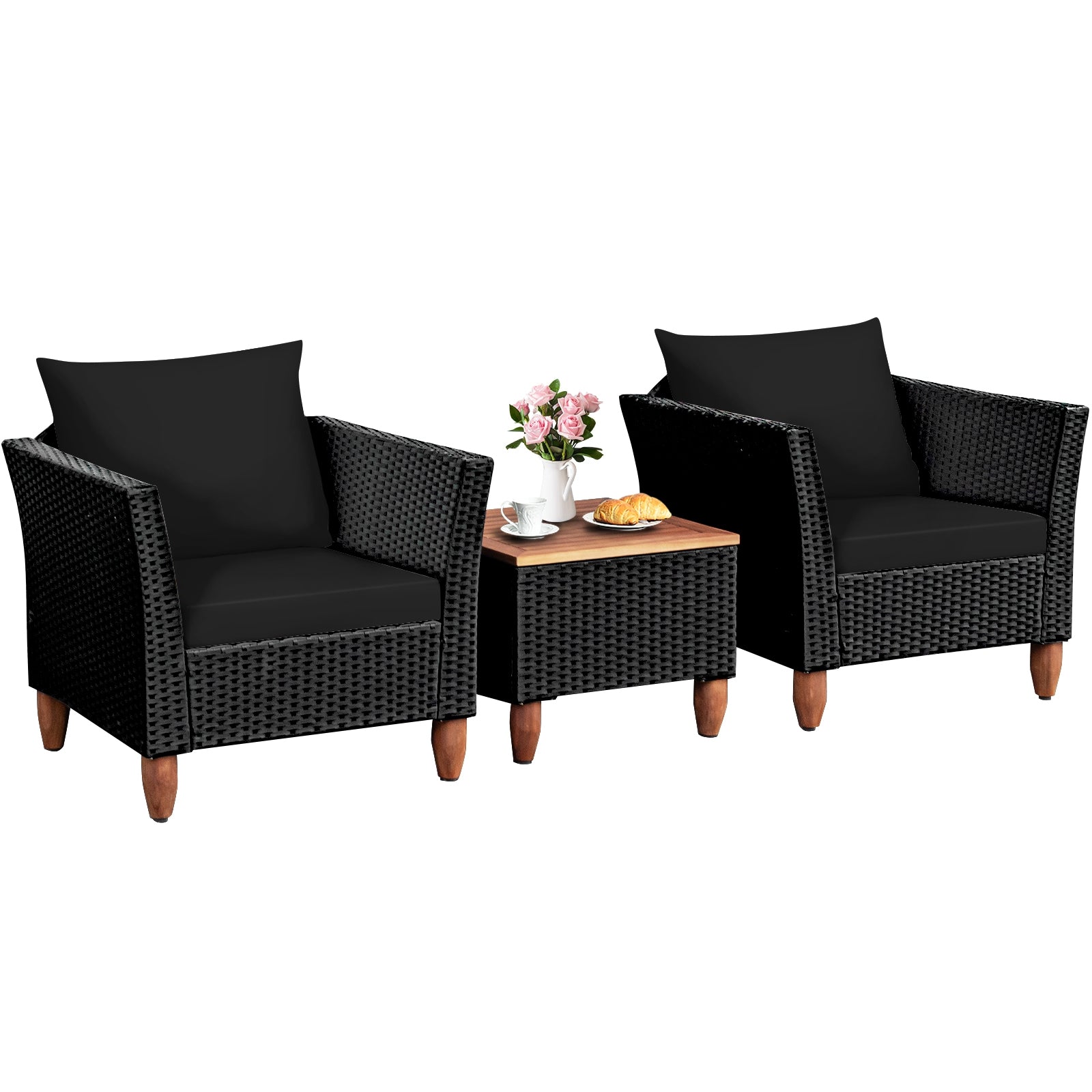 3-Piece Black Rattan Patio Furniture Set with Plush Cushions & Rustic Wood Coffee Table displayed in a cozy outdoor setting.