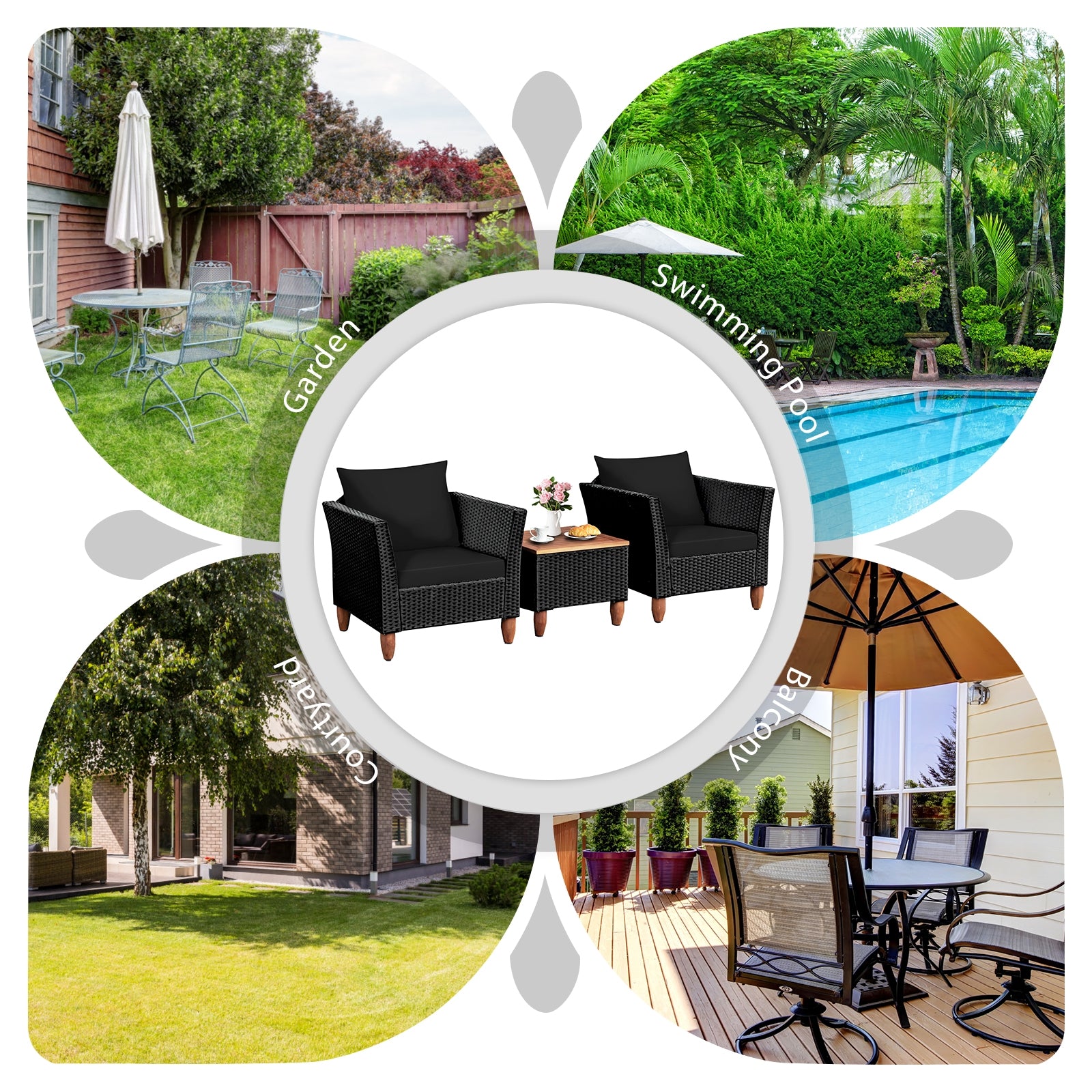 3-Piece Black Rattan Patio Furniture Set with Plush Cushions & Rustic Wood Coffee Table featured in various outdoor environments like gardens and by the pool.