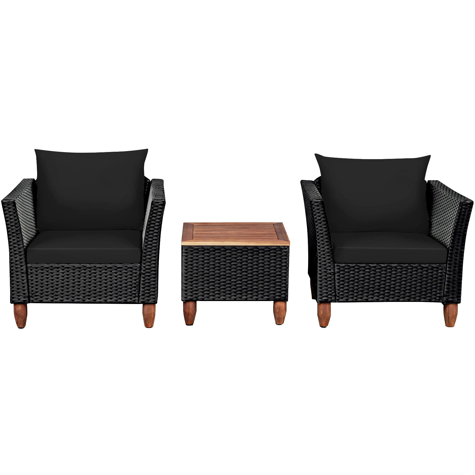 3-Piece Black Rattan Patio Furniture Set with Plush Cushions & Rustic Wood Coffee Table, showcasing a minimalistic setup with two chairs and a coffee table, perfect for outdoor lounging.