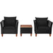 3-Piece Black Rattan Patio Furniture Set with Plush Cushions & Rustic Wood Coffee Table, showcasing a minimalistic setup with two chairs and a coffee table, perfect for outdoor lounging.