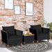 3-Piece Black Rattan Patio Furniture Set with Plush Cushions & Rustic Wood Coffee Table, featuring two stylish black chairs and a coffee table, set against a brick wall.