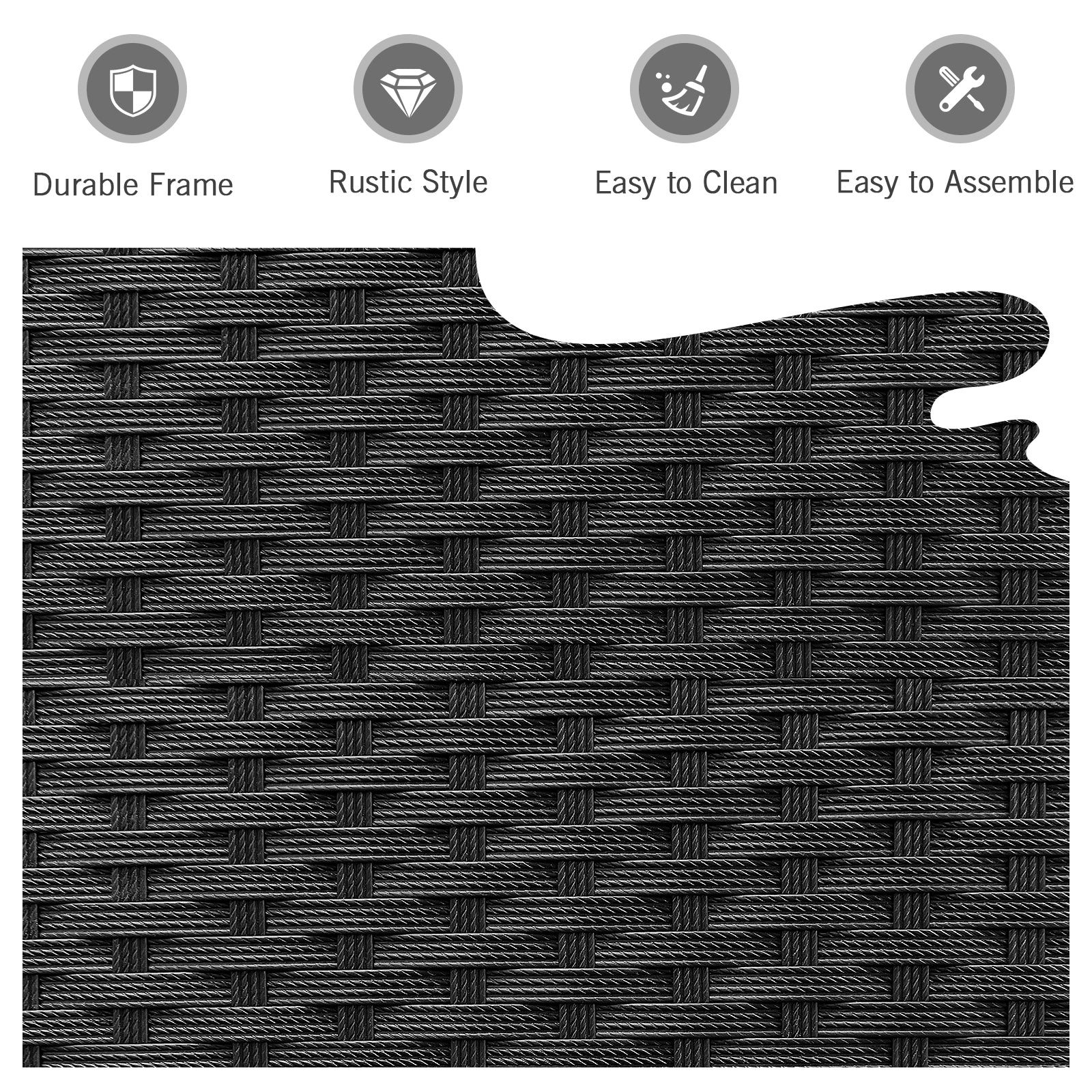 Close-up of the texture and features of the 3-Piece Black Rattan Patio Furniture Set showcasing its rustic style and durability.