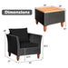 Dimensions of the 3-Piece Black Rattan Patio Furniture Set with Plush Cushions & Rustic Wood Coffee Table outlined clearly.