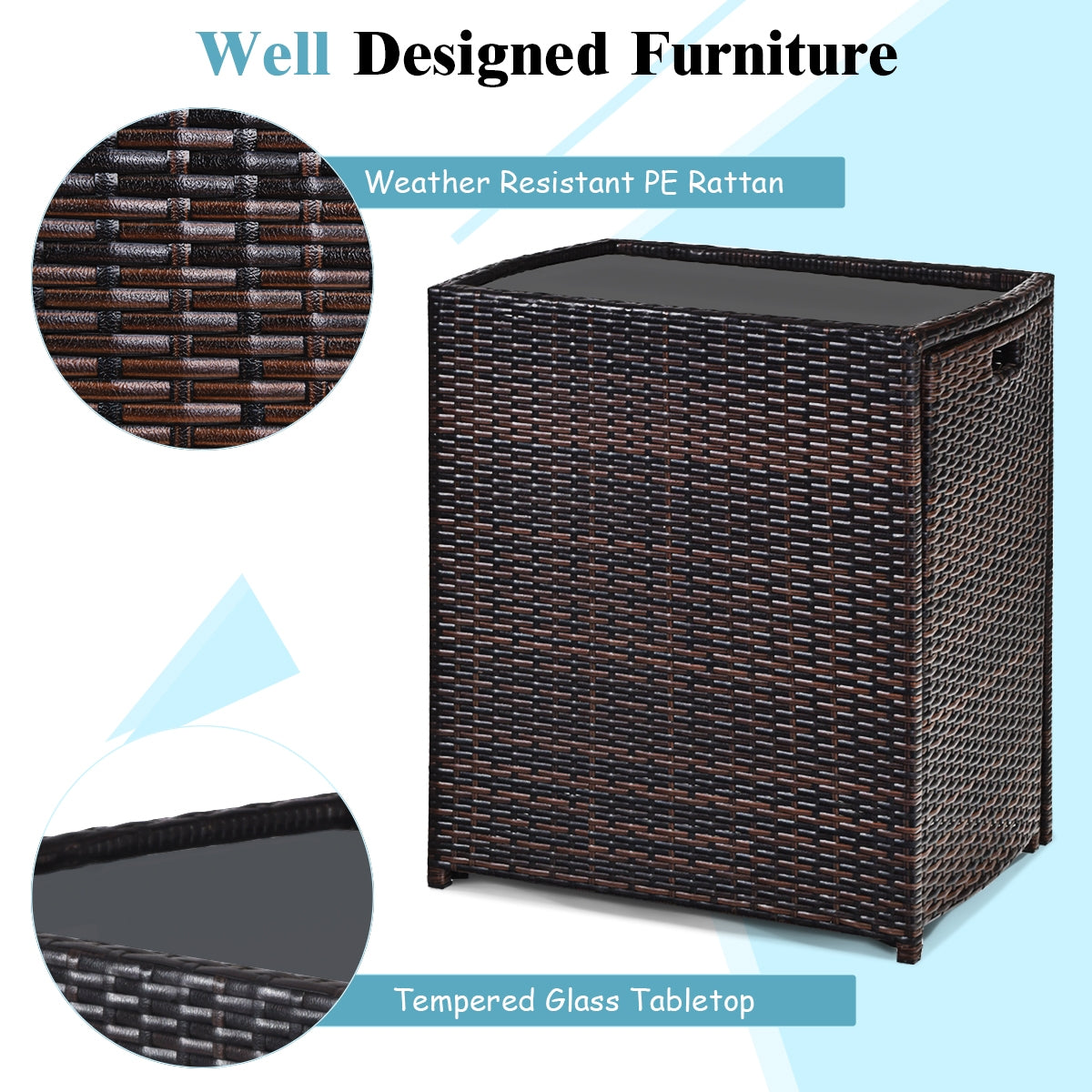 Detailed features of the 3-Piece Outdoor Wicker Patio Set with Cushions, No Assembly, Space-Saving Glass Table, emphasizing the weather-resistant PE rattan and the sleek tempered glass tabletop.