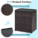 Detailed features of the 3-Piece Outdoor Wicker Patio Set with Cushions, No Assembly, Space-Saving Glass Table, emphasizing the weather-resistant PE rattan and the sleek tempered glass tabletop.