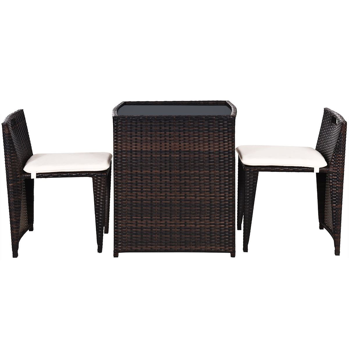 Close-up view of the 3-Piece Outdoor Wicker Patio Set with Cushions, No Assembly, Space-Saving Glass Table, highlighting the elegant design of the wicker chairs and coffee table.
