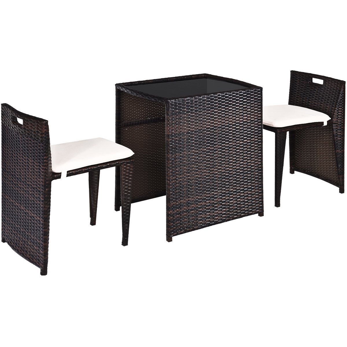 3-Piece Outdoor Wicker Patio Set with Cushions, No Assembly, Space-Saving Glass Table showcasing two fitted chairs and a table with a glass top against a white background.