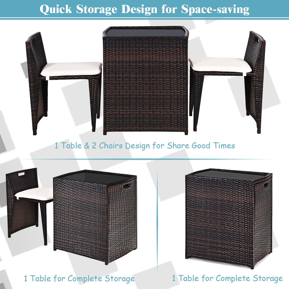 3-Piece Outdoor Wicker Patio Set with Cushions, No Assembly, Space-Saving Glass Table displayed in a visually appealing arrangement, revealing the space-saving quick storage design of the chairs.