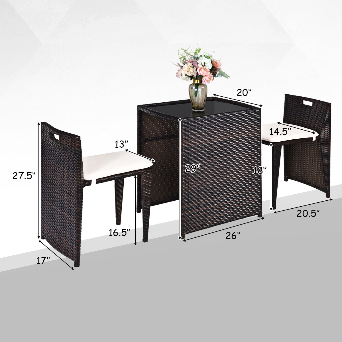 3-Piece Outdoor Wicker Patio Set with Cushions, No Assembly, Space-Saving Glass Table with dimensions displayed, showing two stylish chairs and the table design.
