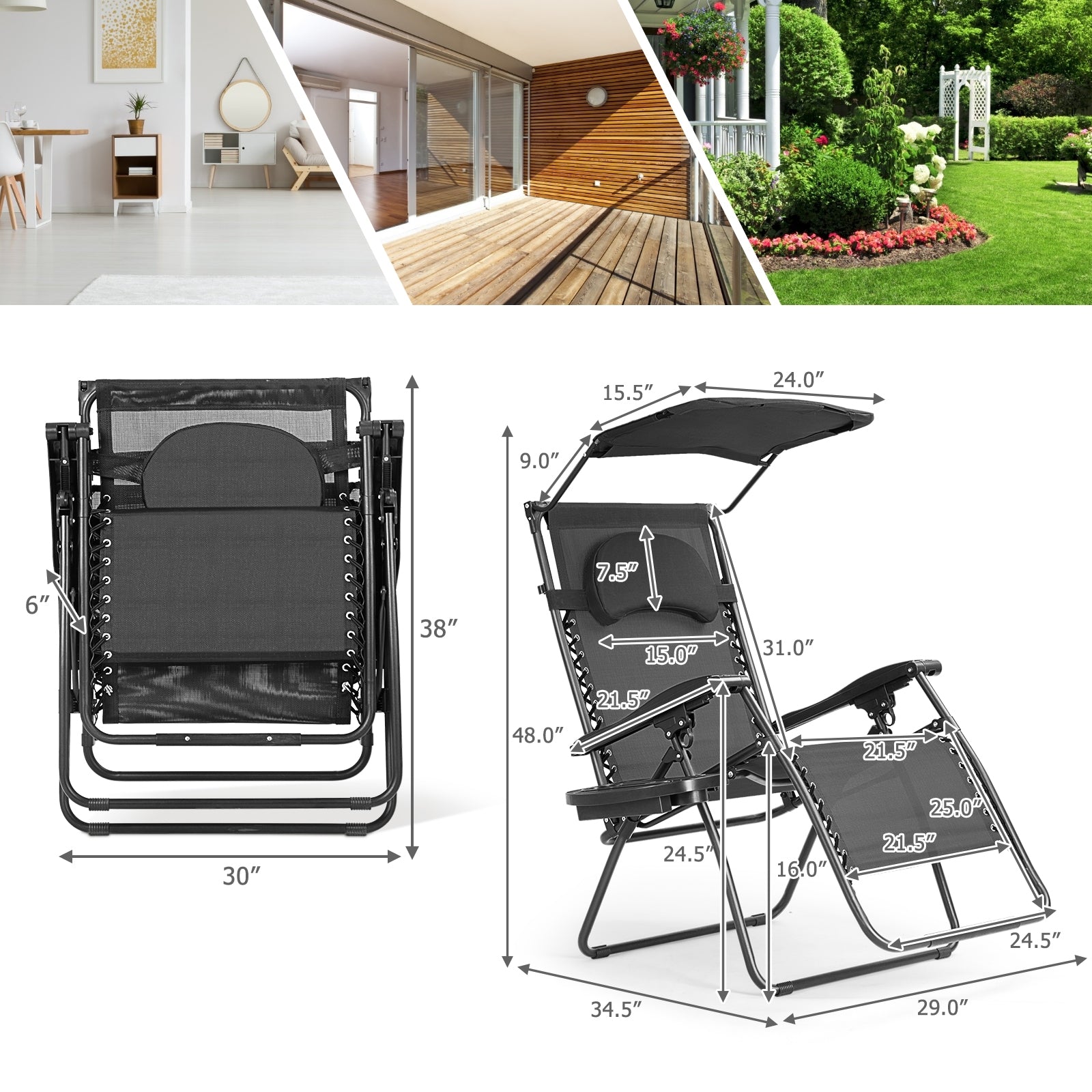 Folding Recliner Lounge Chair With Adjustable Shade Canopy & Cup Holder displayed with dimensions for easy reference, showcasing its foldable design and perfect for outdoor relaxation.