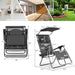 Folding Recliner Lounge Chair With Adjustable Shade Canopy & Cup Holder displayed with dimensions for easy reference, showcasing its foldable design and perfect for outdoor relaxation.