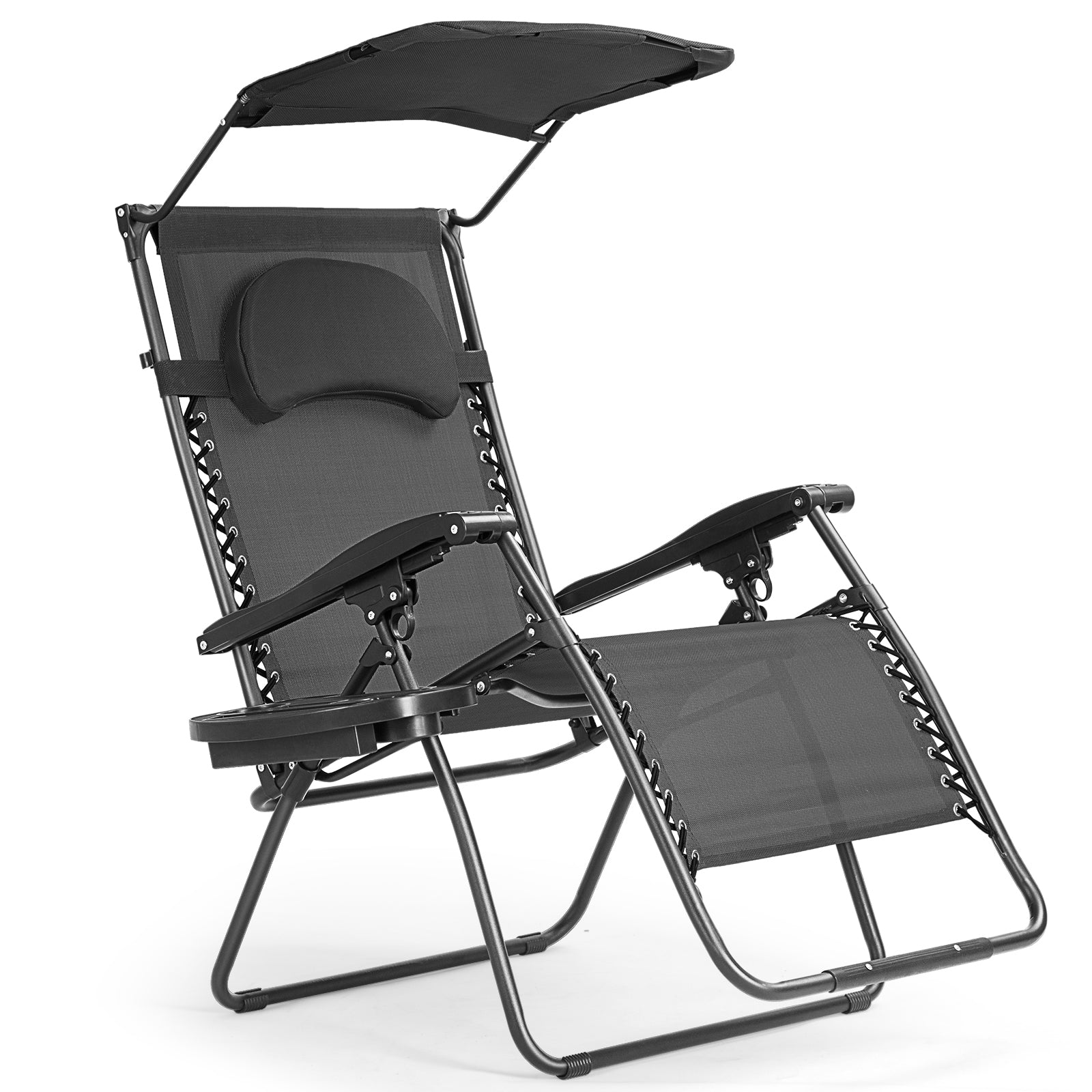 Close-up view of the Folding Recliner Lounge Chair with Adjustable Shade Canopy & Cup Holder by Dream Yard Oasis, showcasing its ergonomic design and durable frame.