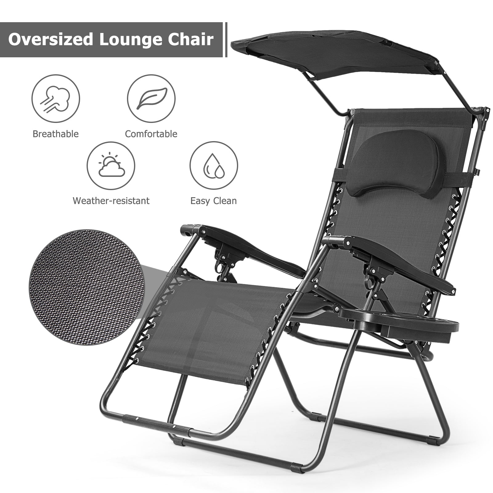 Oversized Folding Recliner Lounge Chair With Adjustable Shade Canopy & Cup Holder featuring breathable fabric, comfortable design, and weather-resistant materials, ideal for outdoor use.