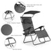 Folding Recliner Lounge Chair With Adjustable Shade Canopy & Cup Holder - Heavy-duty steel frame with bungee rope, sturdy triangular support, wear-resistant fabric, non-slip footrest, and adjustable features for outdoor comfort.