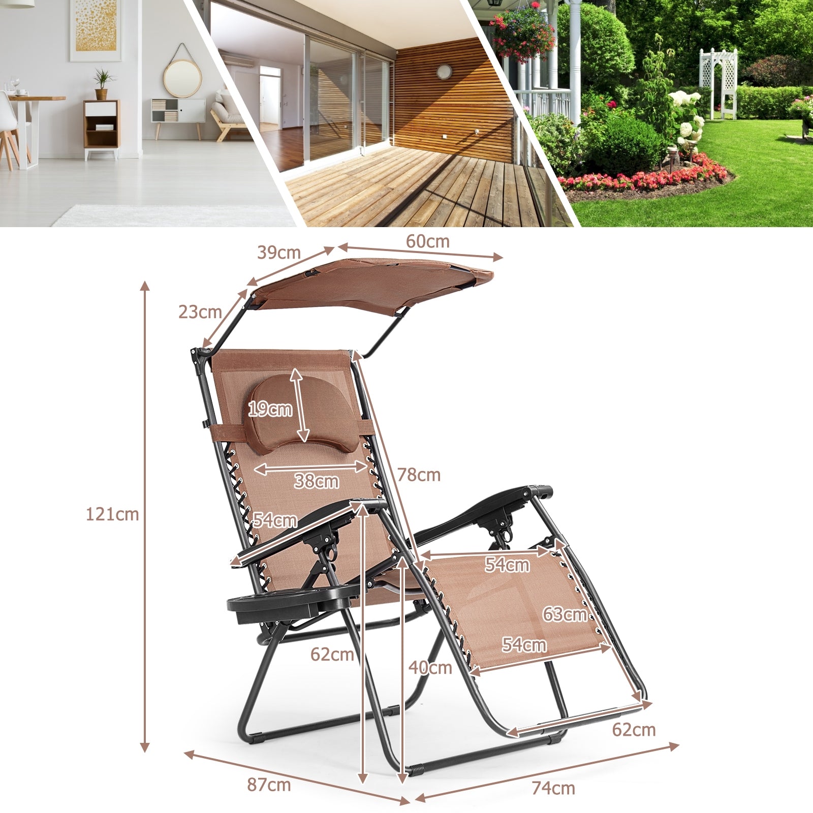 Folding Recliner Lounge Chair with Adjustable Shade Canopy & Cup Holder - Coffee showcased with dimensions and ideal for indoor and outdoor settings.