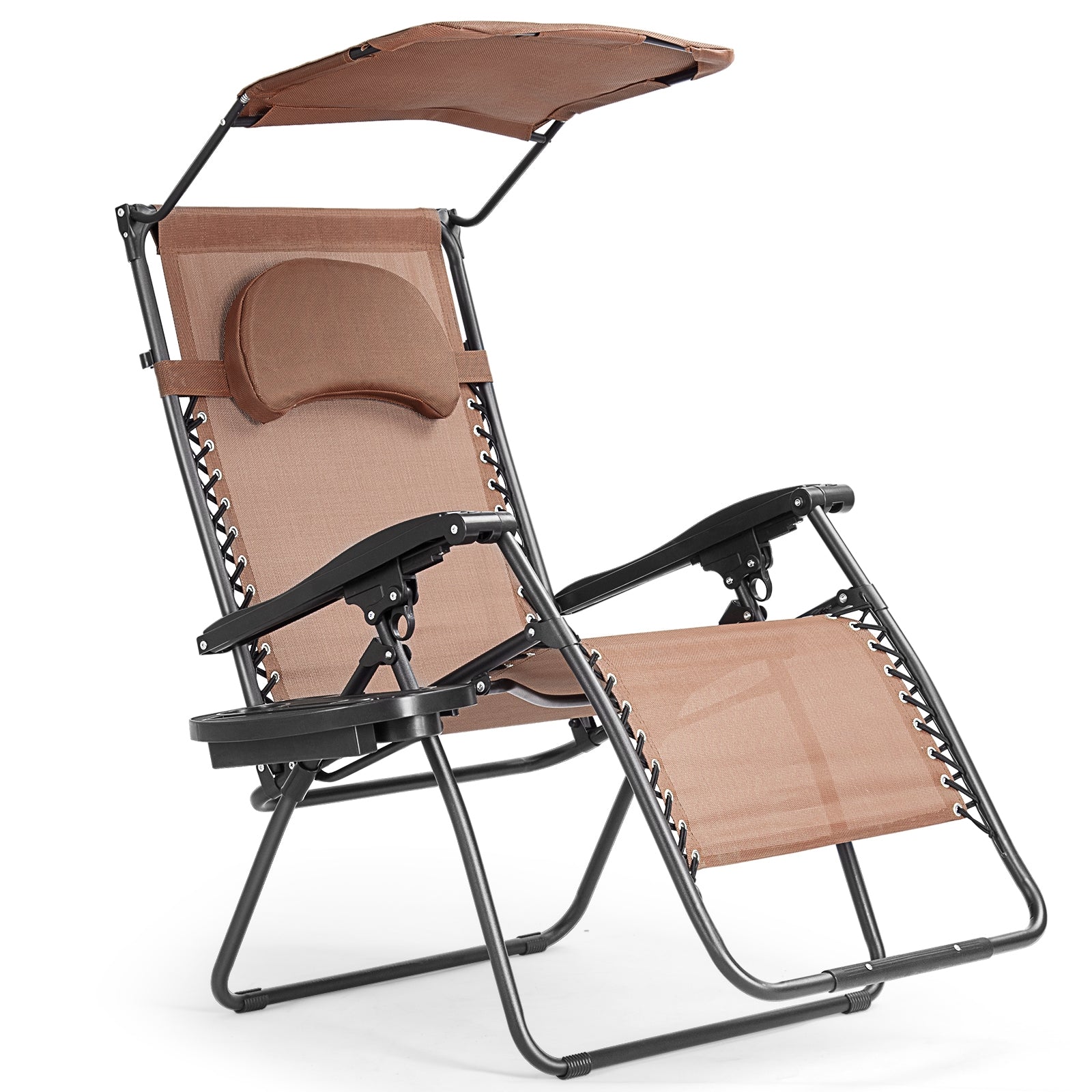 Folding Recliner Lounge Chair With Adjustable Shade Canopy & Cup Holder - Coffee, highlighting its ergonomic design. The chair is presented alone, showing the adjustable back and cup holder features.
