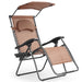 Folding Recliner Lounge Chair With Adjustable Shade Canopy & Cup Holder - Coffee, highlighting its ergonomic design. The chair is presented alone, showing the adjustable back and cup holder features.