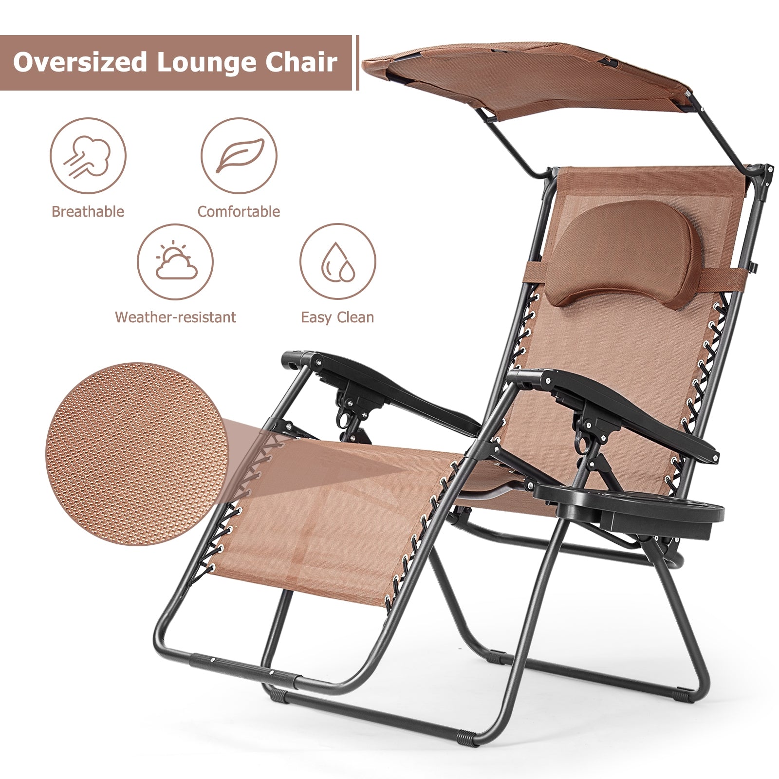 Stylish and ergonomic Folding Recliner Lounge Chair with Adjustable Shade Canopy & Cup Holder - Coffee, highlighting breathable fabric and comfort features.