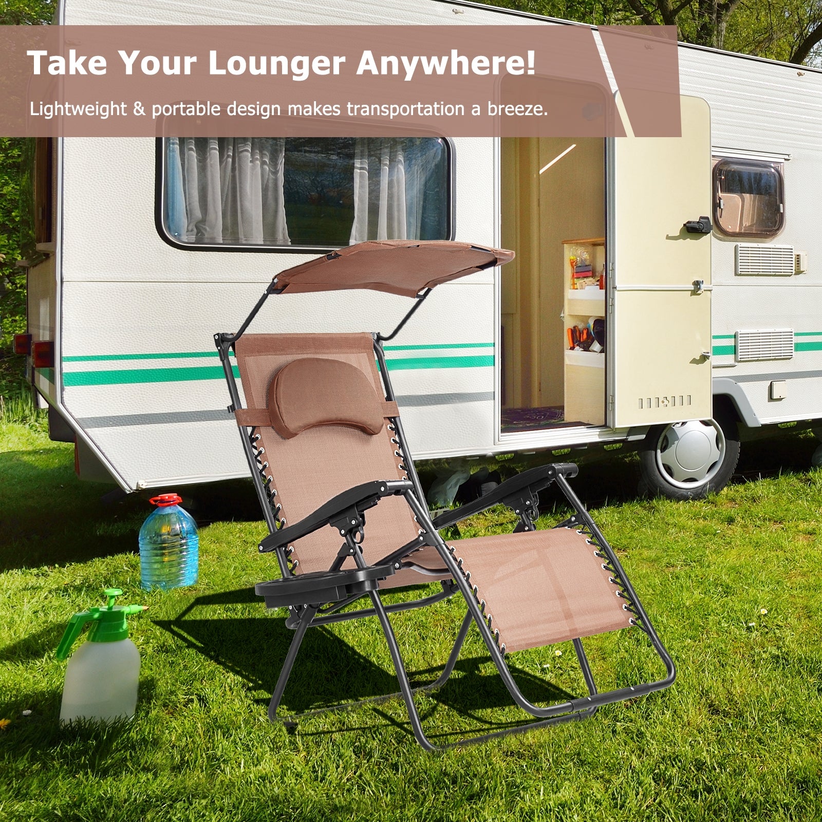 Portable Folding Recliner Lounge Chair with Adjustable Shade Canopy & Cup Holder - Coffee, set in a camping scenario, demonstrating lightweight design for easy transportation.