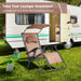 Portable Folding Recliner Lounge Chair with Adjustable Shade Canopy & Cup Holder - Coffee, set in a camping scenario, demonstrating lightweight design for easy transportation.