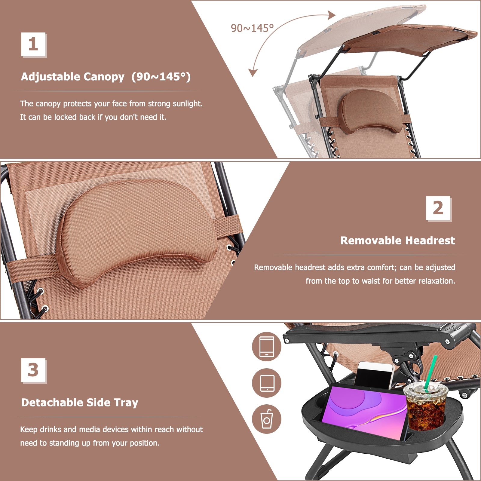 Folding Recliner Lounge Chair With Adjustable Shade Canopy & Cup Holder - Coffee features an adjustable canopy for sun protection, removable headrest for extra comfort, and a detachable side tray for convenience. Perfect for outdoor relaxation!