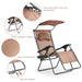 Detail view of Folding Recliner Lounge Chair with Adjustable Shade Canopy & Cup Holder - Coffee, featuring sturdy frame, bungee support, and wear-resistant fabric.