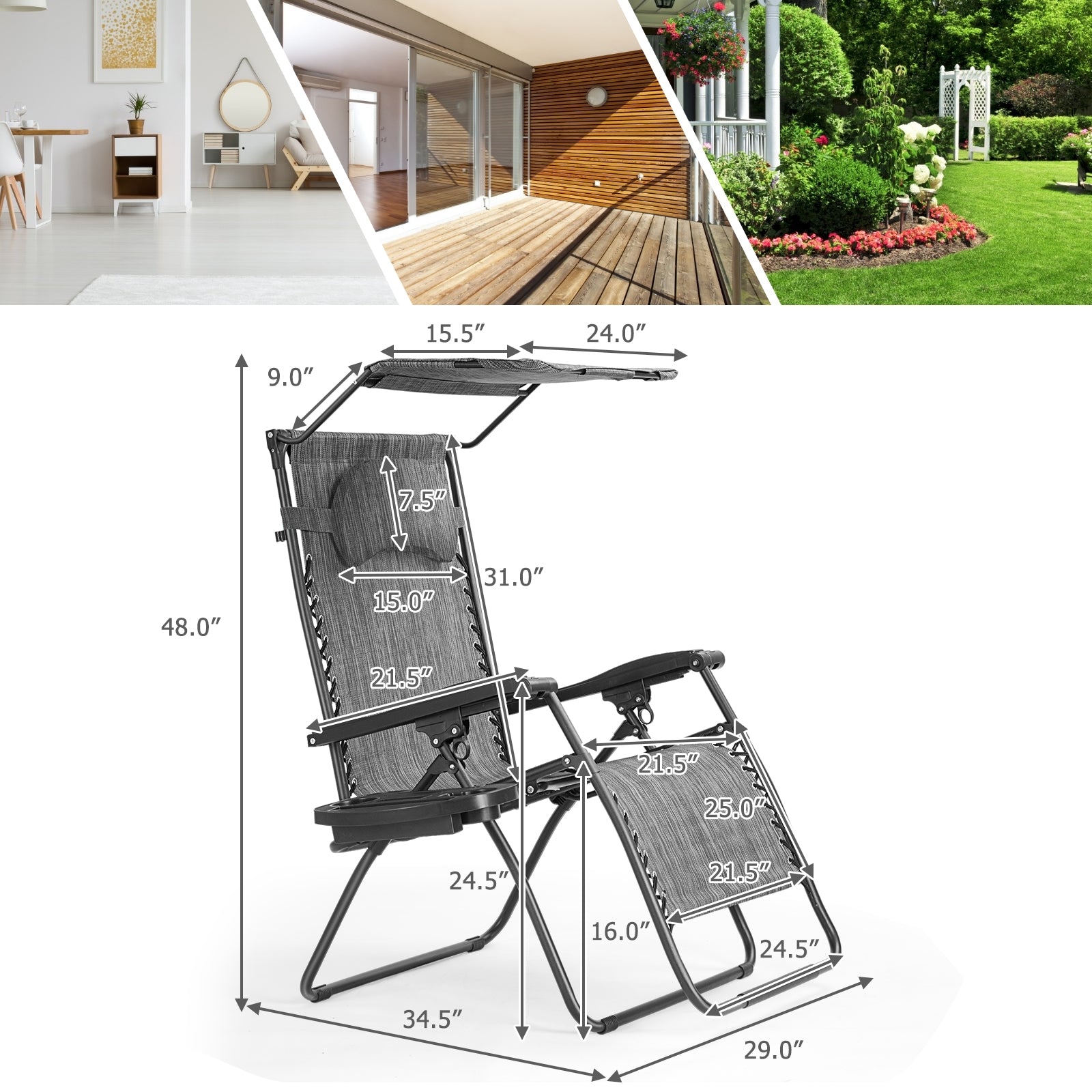 Dimensions and design features of the Dream Yard Oasis Folding Recliner Lounge Chair with Canopy, ideal for various indoor and outdoor settings.