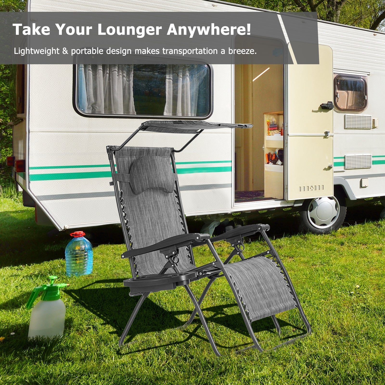 Dream Yard Oasis Folding Recliner Lounge Chair with Canopy, highlighting its lightweight portable design perfect for outdoor relaxation.