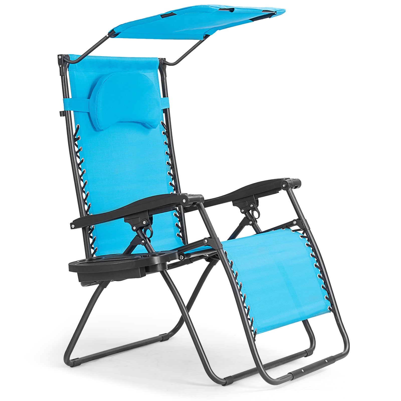 Folding Recliner Lounge Chair With Adjustable Shade Canopy & Cup Holder - Durable Steel Frame - Blue. Close-up of a blue folding recliner lounge chair showcasing its adjustable canopy and cup holder.