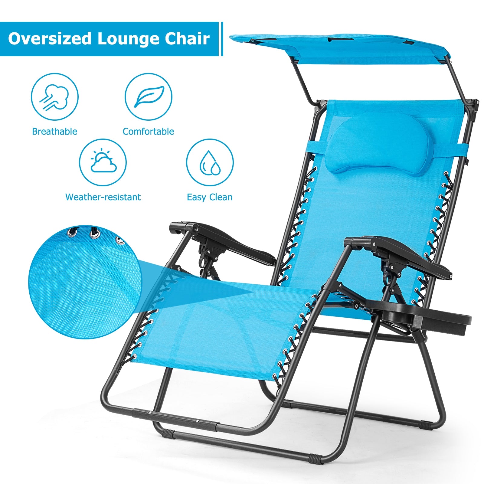 Folding Recliner Lounge Chair With Adjustable Shade Canopy & Cup Holder in blue, showcasing breathable fabric, comfortable design, and weather-resistant features for outdoor relaxation.