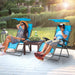 Folding Recliner Lounge Chair With Adjustable Shade Canopy & Cup Holder - Durable Steel Frame - Blue. Two people relaxing in blue lounge chairs on a deck with a green lawn in the background.