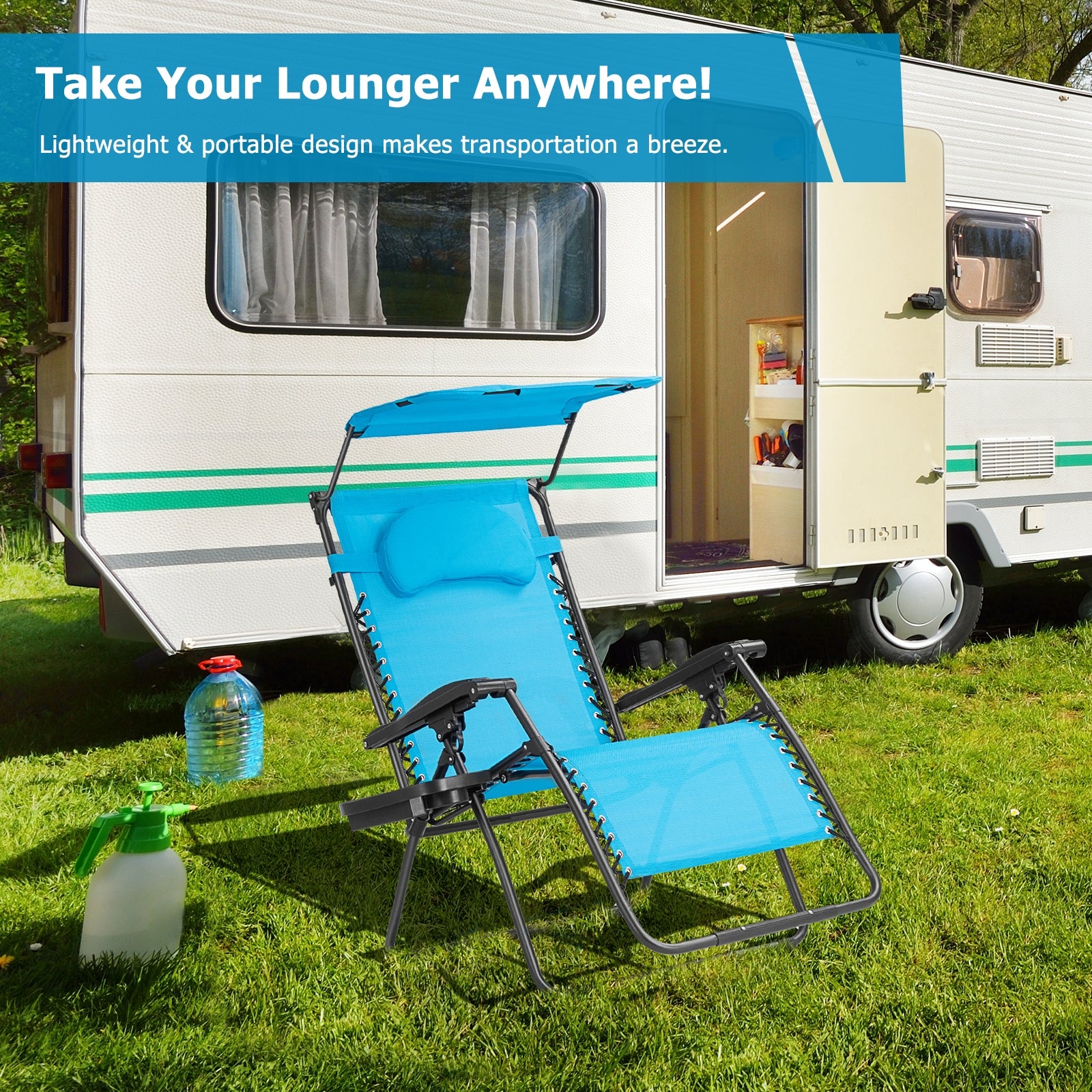 Folding Recliner Lounge Chair With Adjustable Shade Canopy & Cup Holder set up outside a camper, emphasizing its lightweight and portable design for easy transportation.