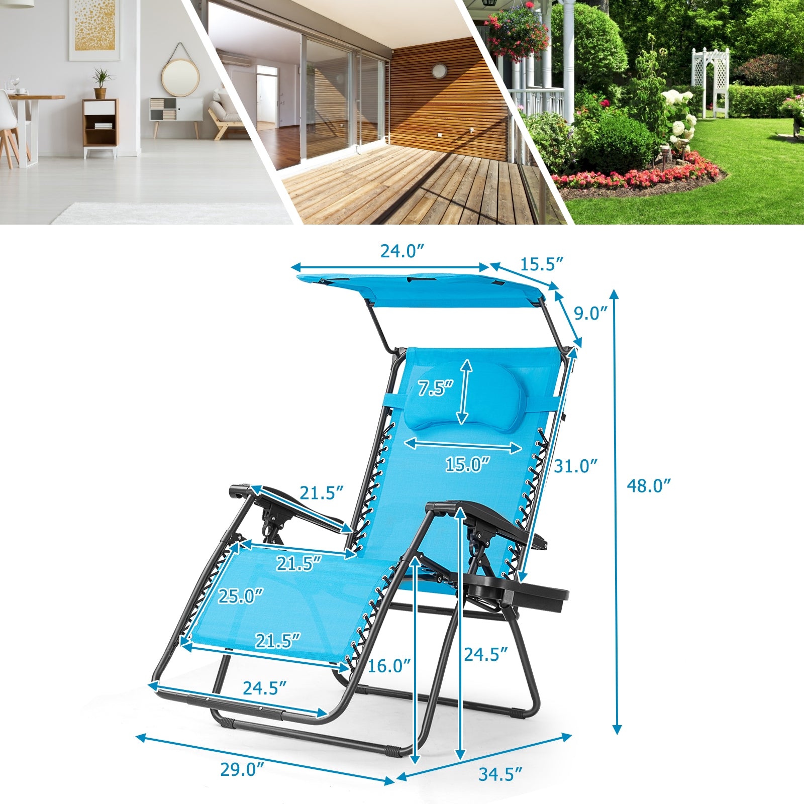 Folding Recliner Lounge Chair With Adjustable Shade Canopy & Cup Holder - Durable Steel Frame - Blue. Infographic displaying dimensions of a blue lounge chair suitable for indoor and outdoor use.