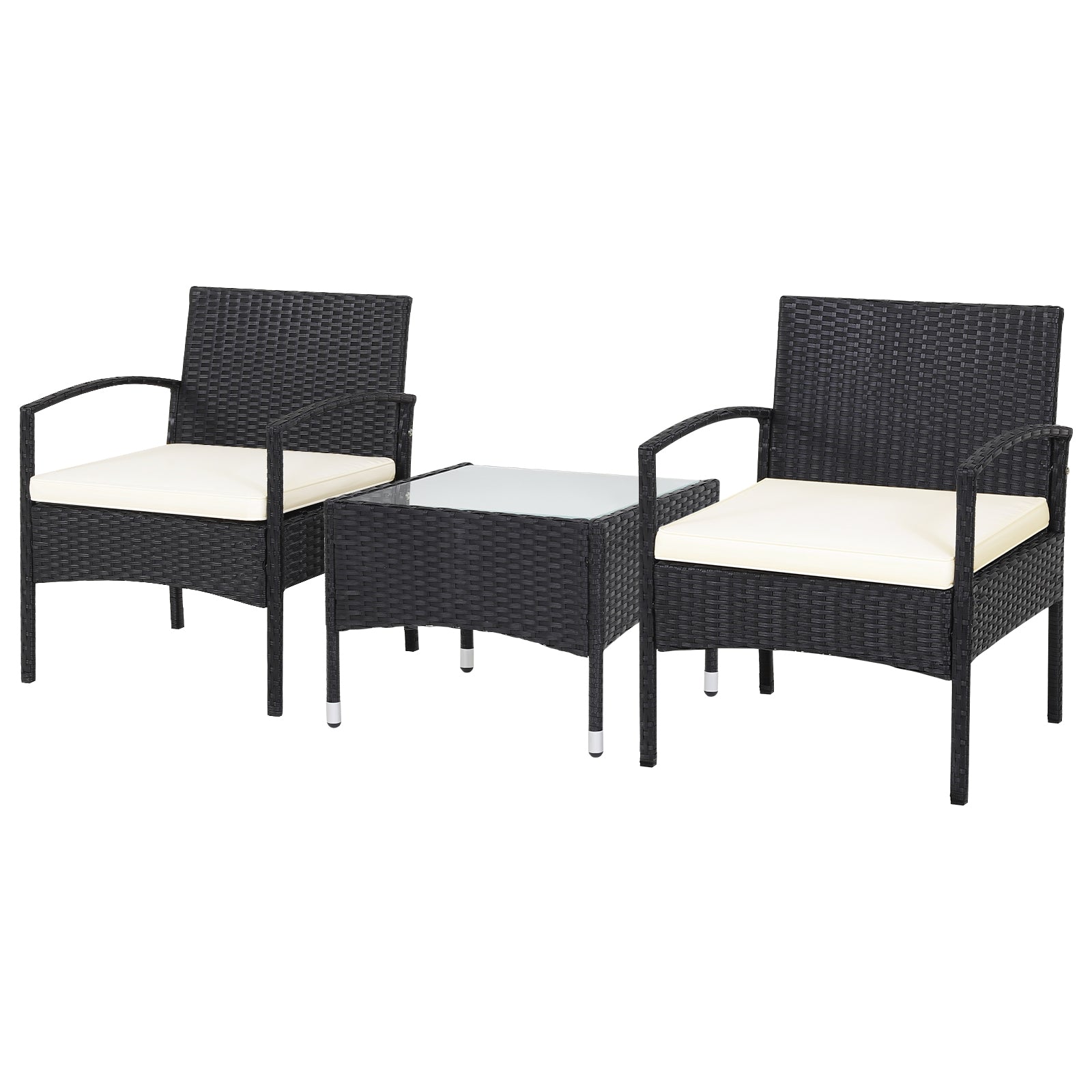3-Piece Patio Wicker Rattan Furniture Set with Cushions & Glass Table for Lawn & Backyard showcasing two comfy chairs and a stylish glass table.
